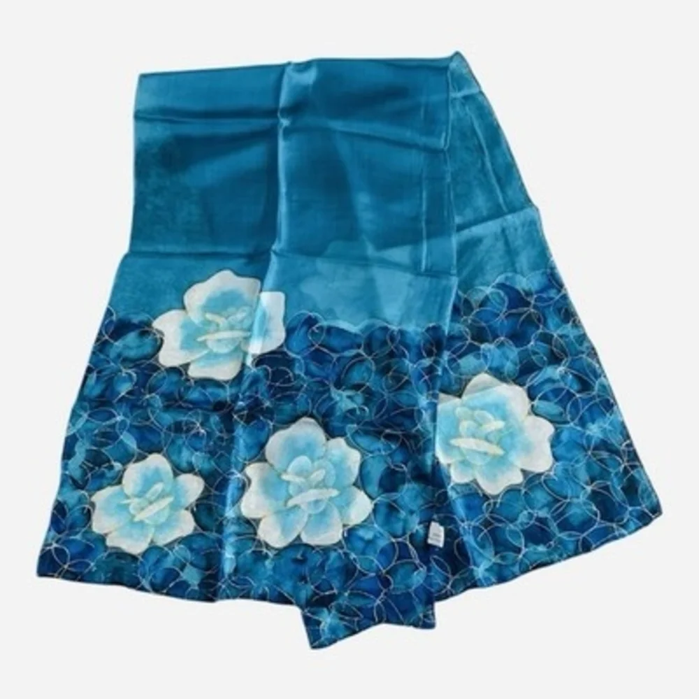 Invisible World Women's 100% Silk Hand Painted Floral Scarf Blue 16”x54” New